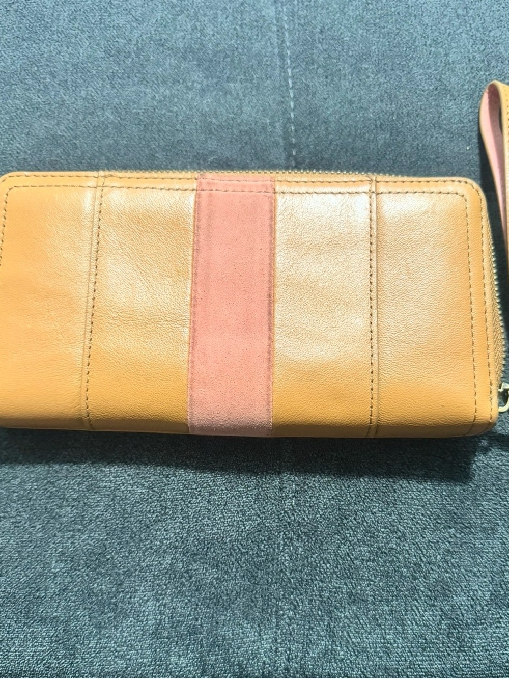 Fossil Leather Zip Wallet with Pink Center Stripe